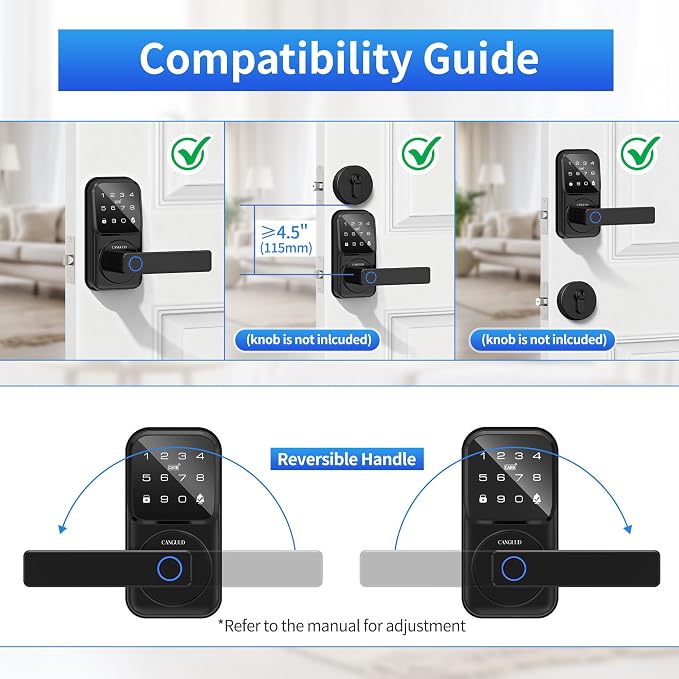 Smart Door Lock with Handle - Keyless Entry Door Lock for Front Door, Touchscreen Keypad Door Knob Lever Lock, Fingerprint Door Handle Lock, Auto Lock, App Control, Easy Installation