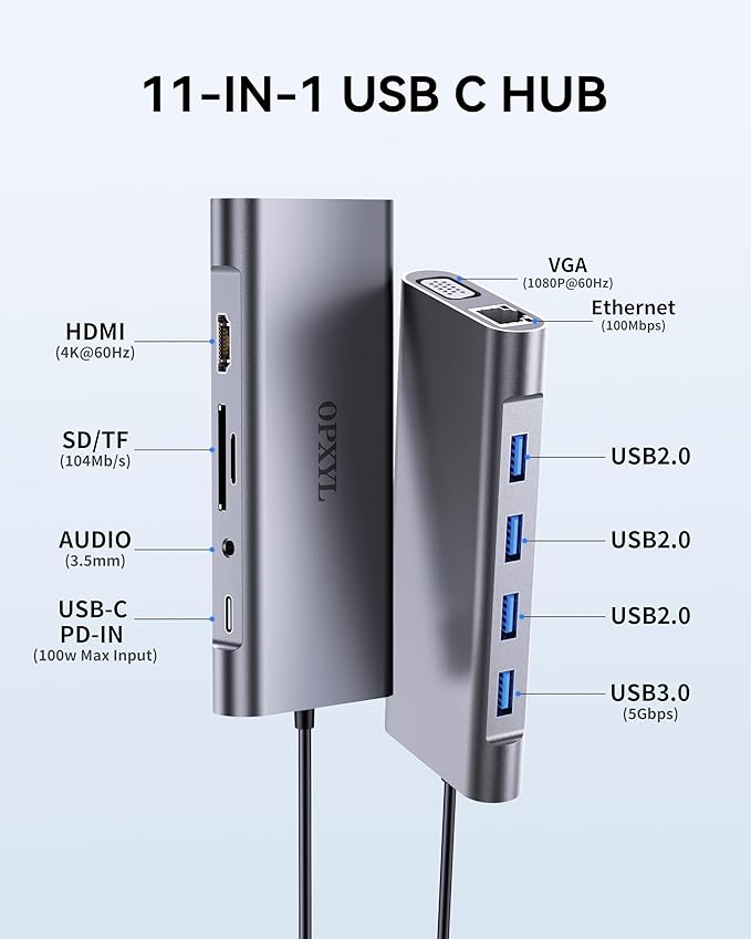 OPXYL 11-in-1 USB C Hub Multiport Adapter, USB C Docking Station with 4K HDMI, VGA 1080P, 100W PD, Ethernet, SD/TF, Audio, USB 3.0 Port, Laptop Dock for MacBook Pro/Air, iPad, Windows