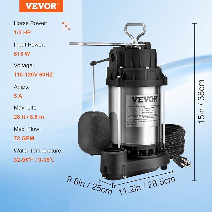 VEVOR 1/2 HP Sump Pump Submersible, Sump Pump with Stainless Steel Surface, 10 ft Power Cord, 1-1/2" NPT Discharge, Automatic Float Switch, for Indoor&Outdoor Water Drain