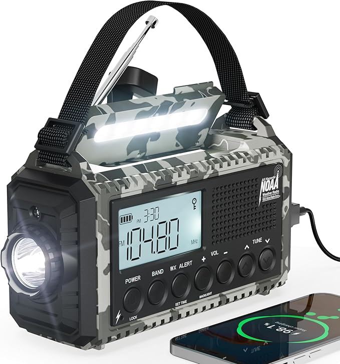 NOAA Emergency Weather Radio Camouflage 5-Way Powered 12000mAh, Crank Radio Flashlight Cell Phone Charger Am Fm Radio Portable