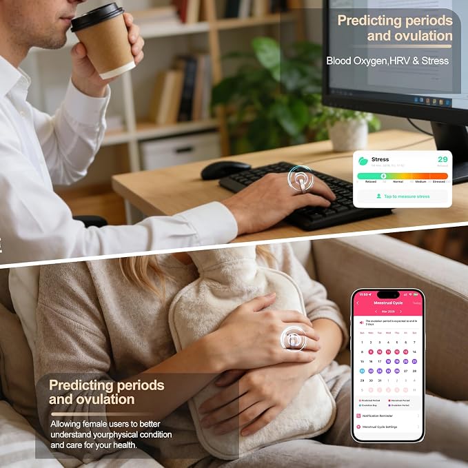 V10 Smart Ring for Women Health Tracker Ring with Heart Rate, Blood Oxygen,Blood Pressure, Sleep & Stress Tracker,iOS & Android Compatible, No APP Fee,IP68 Waterproof Fitness Ring White 9#