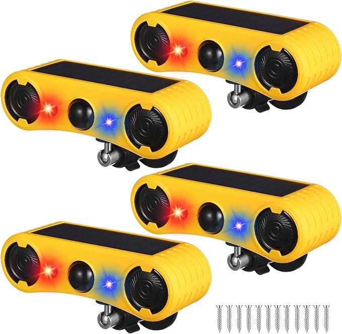 Qualirey Solar Outdoor Motion Sensor Alarm 2 x 129dB Loud Noise Maker 13 Sound Detector Strobe Light, 4 Modes Animal Deterrent Dog Barking Alarm Mount on Ground or Fence for Garden Yard(4 Pack)