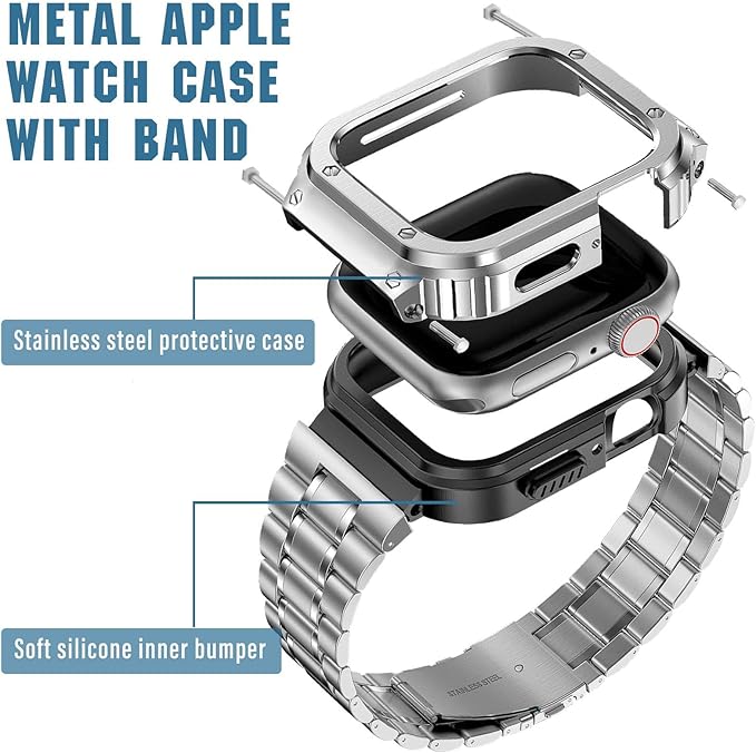 MioHHR Stainless Steel Watch Band with Case Compatible with Apple Watch Series 6 5 4 SE3/2/1(44mm) Series 3/2/1(42mm),Rugged Strap with Metal Protective Bumper Cover for iWatch Band Men(Silver)