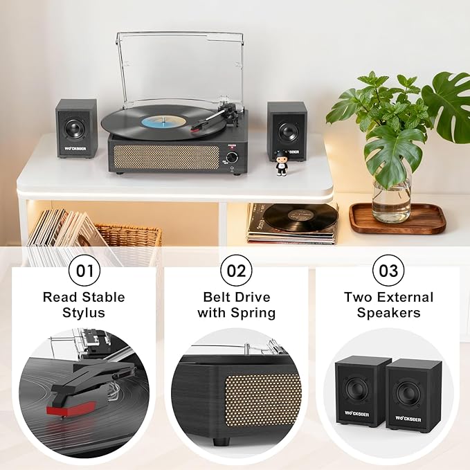 Record Player with Passive Bookshelf Speakers Belt-Drive Vintage Turntable for Vinyl Records External Dual Stereo Speakers LP Players 3 Speed Wireless AUX Headphone Input Auto Stop Retro Black Wooden