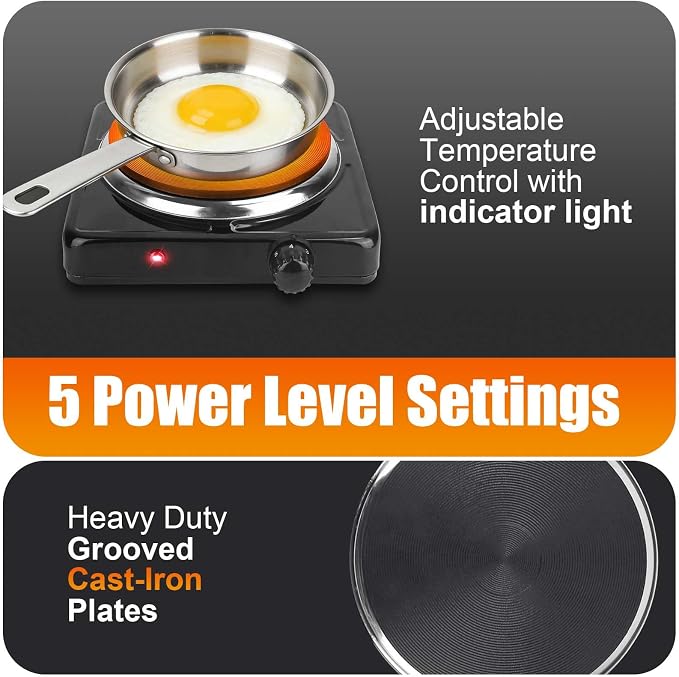 Portable Hot Plate, 1500W Cast Iron Single Countertop Burner, Electric Stove with 5 Levels Adjustable Temperature, Cooktop for Home RV Camping, Easy to Clean, Black