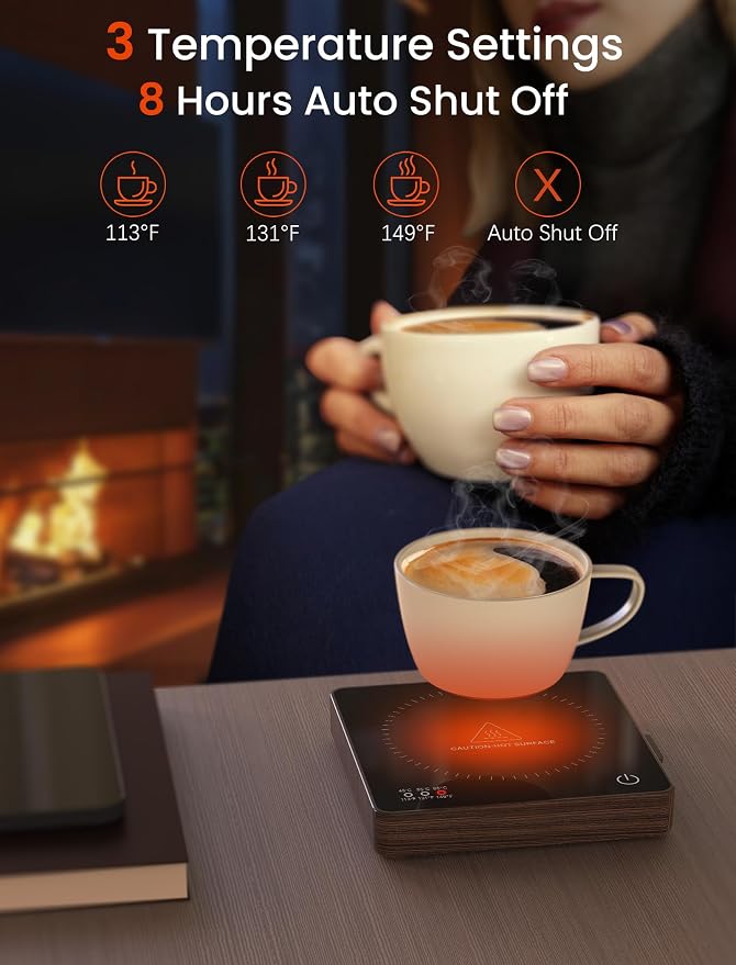 Coffee Mug Warmer with 15W Wireless Phone Charger & 3A USB Charging Port, 3 Temp Settings & 8H Auto Shut Off, Candle Warmer Plate for Heating Coffee, Milk, Tea & Candles,Valentine's Day Gift(Wood)