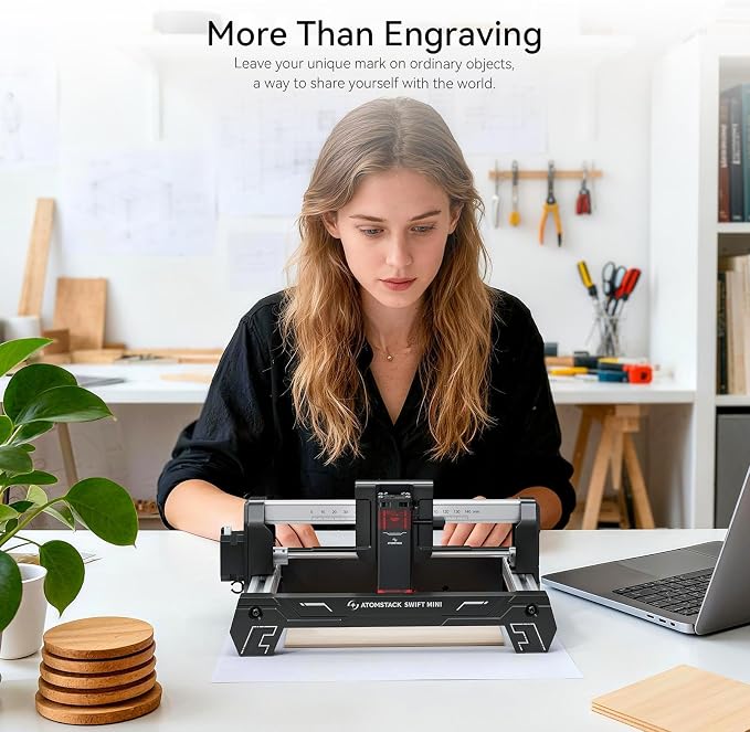 AtomStack Swift Mini Desktop Laser Engraver 3000mW Portable Wireless DIY Cutter | Plug & play compact engraver with AI software Supports wood leather & metal Stable frame WiFi/App control