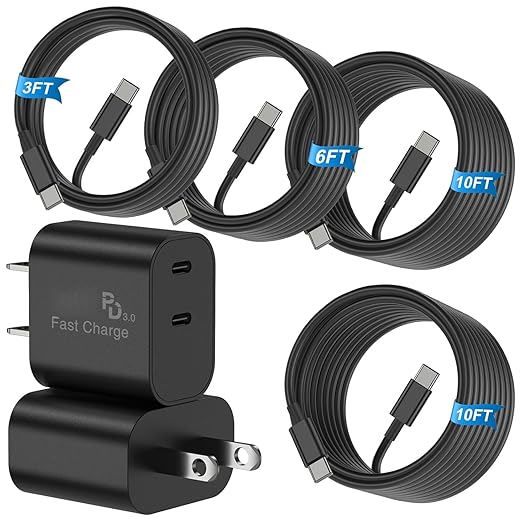 2Pack PD 3.0 Super Fast Charger USB C Dual Port Charger Block (60W total output) with 4Pack 60W [3FT+6FT+10FT+10FT] USB C to USB C Cable for Galaxy S26/S25/S24,for iPhone 17/16/15,for iPad and More