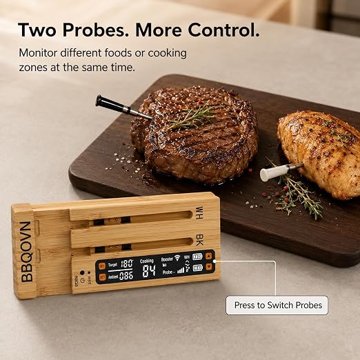 BBQOVN WiFi Sub-1G Wireless Meat Thermometer Unlimited Range 7 NIST Certified Sensors with Ambient Temp 2 Temp Monitoring Ways Digital Smart Base and App for BBQ, Smoker, Grill, Oven (Dual Probes)