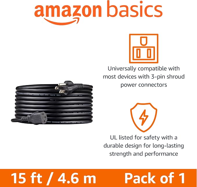 Amazon Basics Universal Replacement Power Cord for PC, Monitor, TV, Printer, 3-Prong, 18 AWG, 125 Volts, 15 feet, Black (Pack of 2)