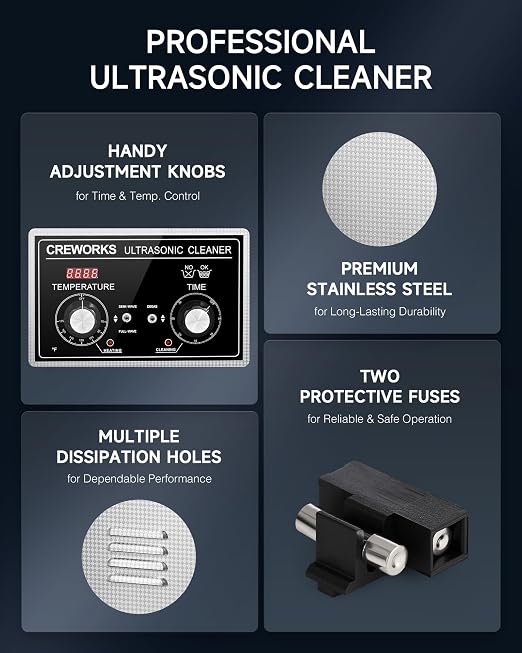CREWORKS 22L Ultrasonic Cleaner with Heater and Timer, 480W Stainless Steel Ultrasonic Cleaner Machine with Degas & Gentle Modes, Ultrasonic Parts Cleaner with Knob Control for Machine Part Auto Tool