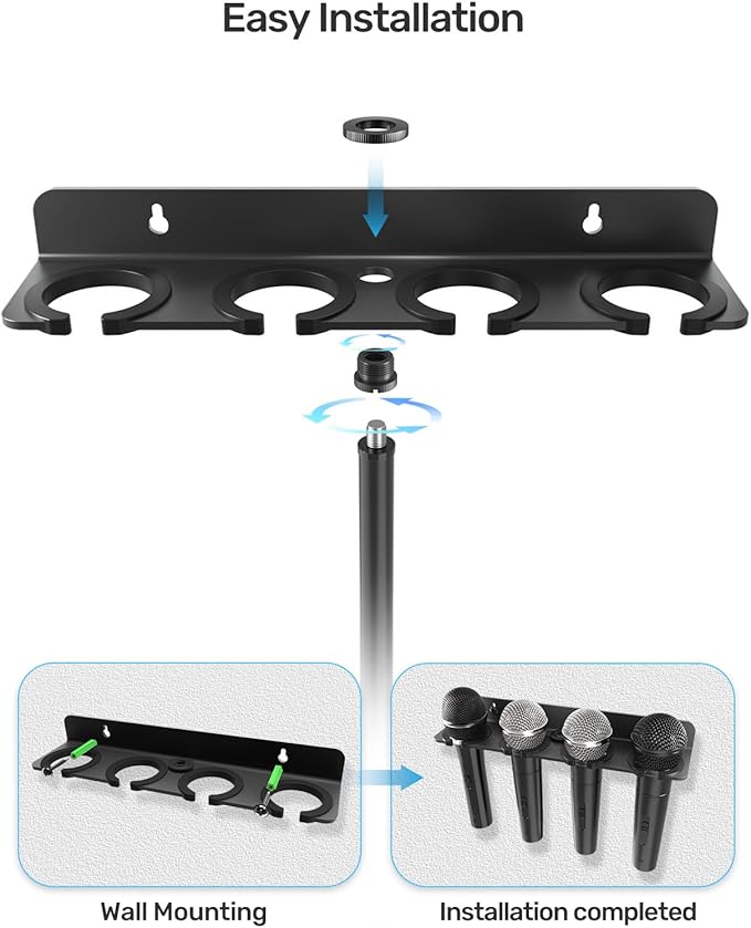 Multi Mic Holder with Mic Stand, Aluminum Desktop Microphone Holder Stand with Rubber Padding, Wall Mounted or Mount on Stand, Handheld Mics Storage for Podium, Stage, Church and Home Studio