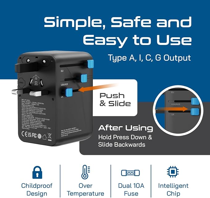 Ceptics 6 in 1 International Power Adapter with PD 140W USB-C, 1x USB-A, 3X Type C, Universal Input and 1x USA/JP Input with Type A, C, G, I Plug outlets for Global Travel – CE & RoHS Certified