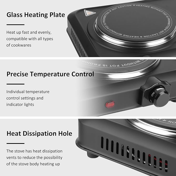 Infrared Dual Burner, 1800W Portable Electric Hot Plate with 7.5” & 6.3” Glass Cooktop, Stepless Temperature Control Countertop Stove for Home RV Camp, Dual Hot Plates