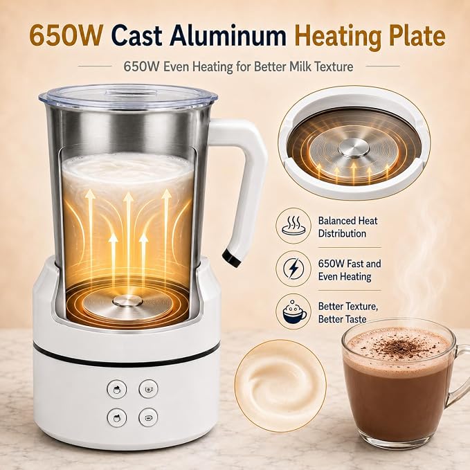 Electric Milk Frother 8.5oz, 4-in-1 Automatic Milk Steamer for Coffee, Latte, Cappuccino, Detachable Stainless Steel Cup, Dishwasher Safe, Magnetic Whisk, Precise Spout for Latte Art, (White)