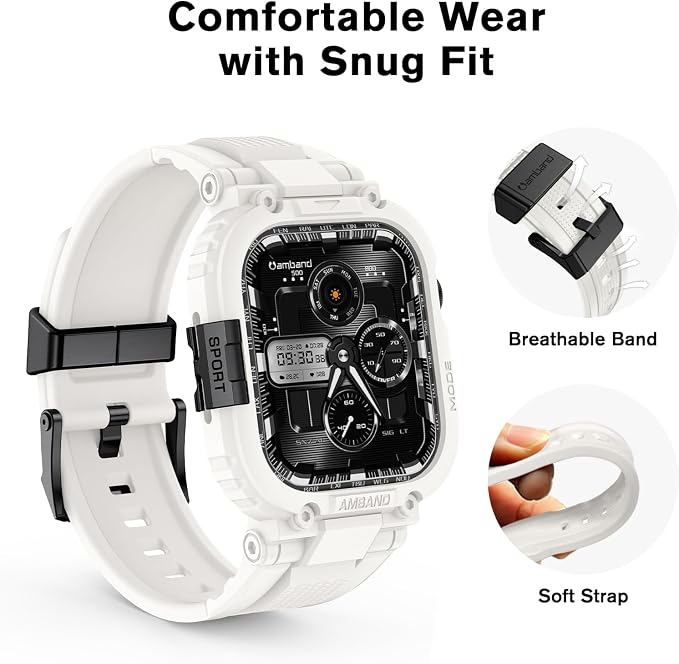 amBand Compatible with Apple Watch Series 11/10 42mm Bands Case for Men Women, M1 Sport Rugged Heavy Duty Protective Cover Tactical Strap Military Protector Bumper for iWatch Accessories - White
