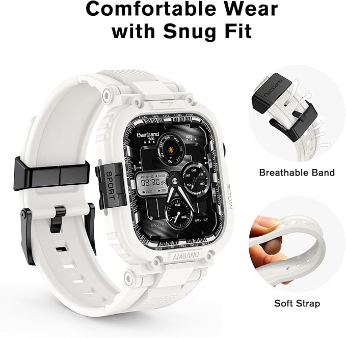 amBand 46mm for Apple Watch Series 11/10 Band Case Men, M1 Sport Rugged Heavy Duty Cover Tactical Strap Military Grade Protective Bumper Protector for iWatch 46 mm Men - White