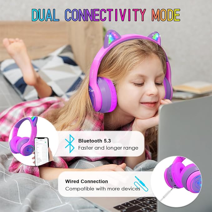 IFECCO Wireless Kids Headphones with Microphone,Foldable Cute Light Up Cat Ear Children Girls Bluetooth Headphones with Case for School Gifts Travel