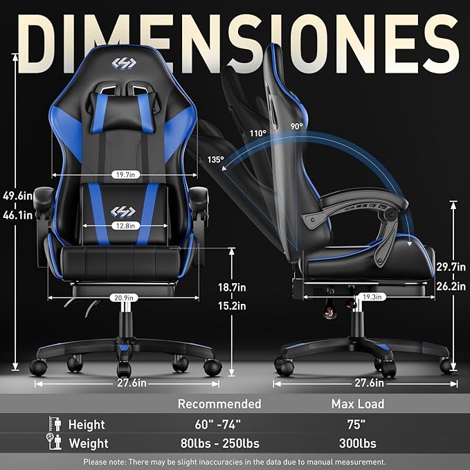 HLDIRECT Gaming Chair, Ergonomic Computer Office Chair with Lumbar Support, Footrest, Headrest, PU Leather, 360° Swivel, Adjustable Height, Metal Frame, 200 lbs Capacity (Black&Blue)
