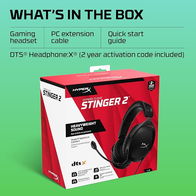 HyperX Cloud Stinger 2 – Gaming Headset, DTS Headphone:X Spatial Audio, Lightweight Over-Ear Headset with mic, Swivel-to-Mute Function, 50mm Drivers, PC Compatible, Black (Pack of 10)