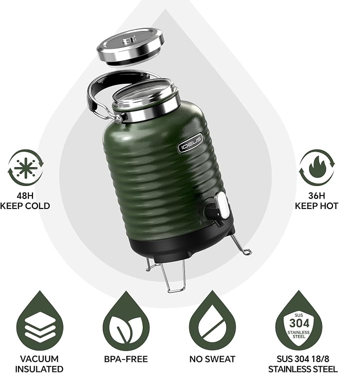 IDEUS Insulated Beverage Dispenser, All-in-one for Camping Vacuum Double-Wall Stainless Steel Water Cooler Coffee Carafe Jug Leakproof Drink Container with Handle, Spigot & Stand (Green, 1,4gal)