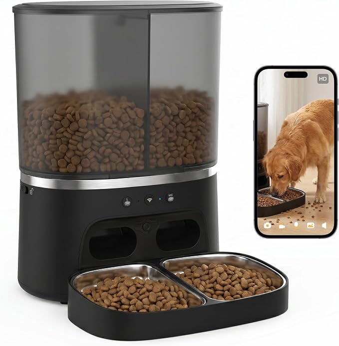 Automatic Cat Feeder with Camera, Automatic Dog Feeder Dry Food, 8L Dual Hopper Auto Cat Food Dispenser, 1080P HD Video with Night Vision/2-Way Audio/APP, 5G WiFi Pet Feeder with Low Food Tray-Black