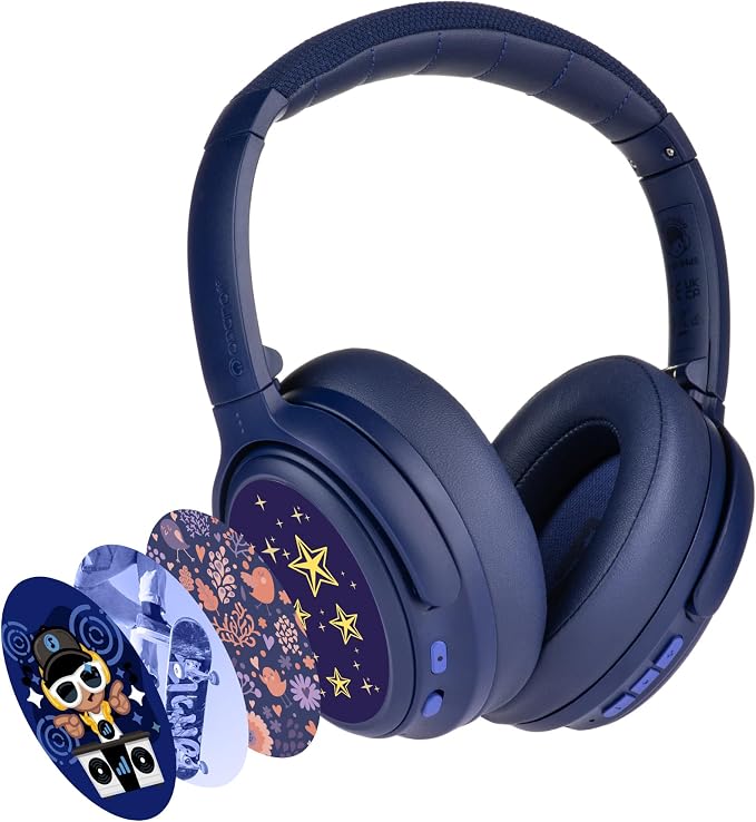 BuddyPhones Cosmos Fun | Wired or Wireless Foldable ANC Bluetooth Headphones + Microphone - SafeAudio Volume-Limiting Options, for Toddlers to Young Adults (Blue)