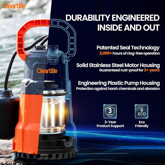Cleartide Submersible Water Sump Pump with Float Switch, 1/2 HP 3060 GPH High Flow, Ideal for Yard and Flooded Cellar, Hot Tub, Garden Irrigation, Debris-Handling up to 3/8"