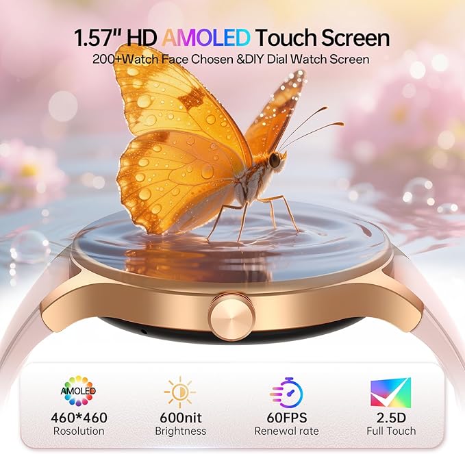 Woneligo Smart Watch for Women,1.57inch AMOLED Touchscreen Fitness Watch for iPhone & Android,Heart Rate/Sp02/Sleep Monitor,110+ Sport Modes IP68 Waterproof Bluetooth Calls,2 Bands (Pink, 1.57)