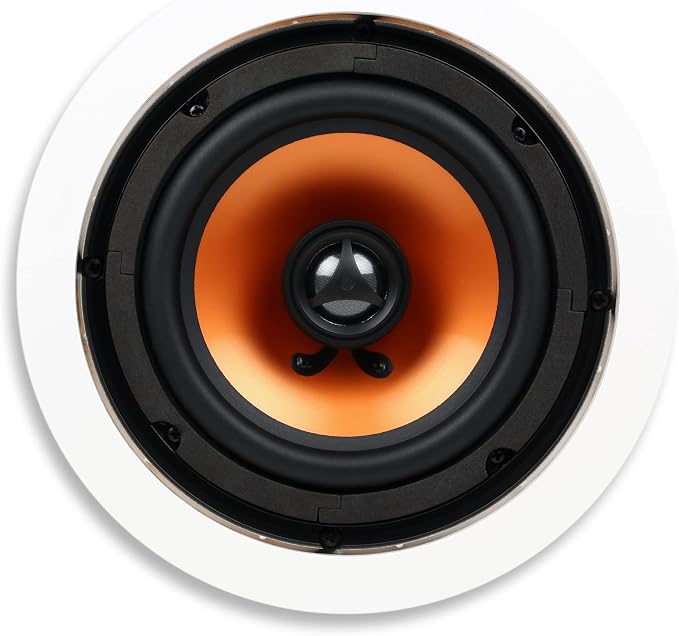 Micca M-6C 2-Way in-Ceiling Round Speaker, 7.6" Cutout Diameter, Whole House Audio, Home Theater, Indoor or Covered Outdoor, 6.5" Woofer, 1" Tweeter, White, Paintable, Each