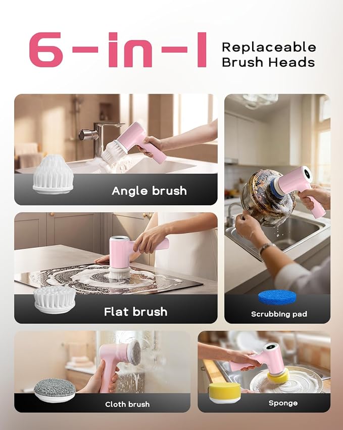 PUFTEM Shower Scrubber, Electric Spin Scrubber for Bathroom Cleaning – Cordless Shower Cleaner Brush with 6 Brush Heads, Dual-Direction Rotation, for Grout, Tile, Tub, Sink & Corners, Pink
