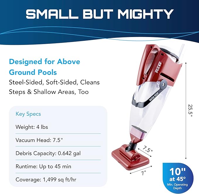 POOL BLASTER Pulse Cordless Pool Vacuum for Above Ground Pool - American-Engineered Hoseless Vac with XL Debris Chamber & 45" Pole - Rechargeable Cleaner with 7.5" Head & 45 Min Runtime