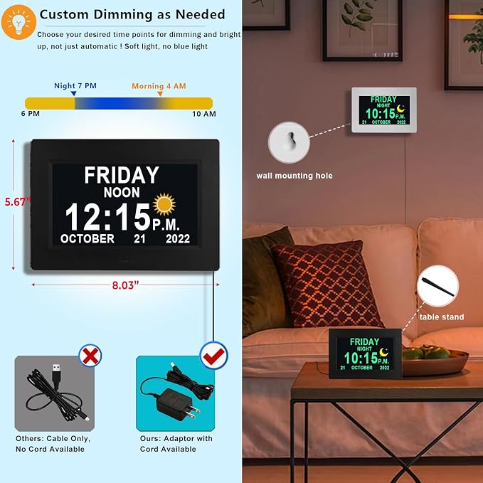 MASSII Dementia Clock with Date Time Voice Announcement, 27 Alarms Custom Reminders, Sleep Trainer, Auto DST, 10 Levels Night Dimmer, Large Talking Digital Calendar Clock for Elderly with 1.5M Adaptor