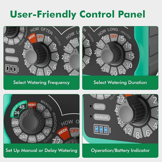 RESTMO 3-Dial Analog Sprinkler Timer with Brass Inlet & Outlet, Mechnical Water Timer for Garden Hose with Manual/Rain Delay, Automatic Drip Irrigation System, 480 Minutes Max Watering, Easy to Set Up