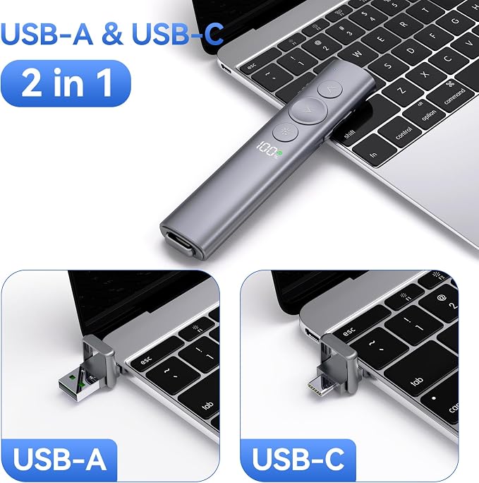 Rechargeable Presentation Clicker with Red Laser Pointer for PowerPoint, Power Display Wireless Presenter Remote with USB-A & USB-C Dongle, Slide Advancer for Mac, Windows, Laptop, Classroom, Office