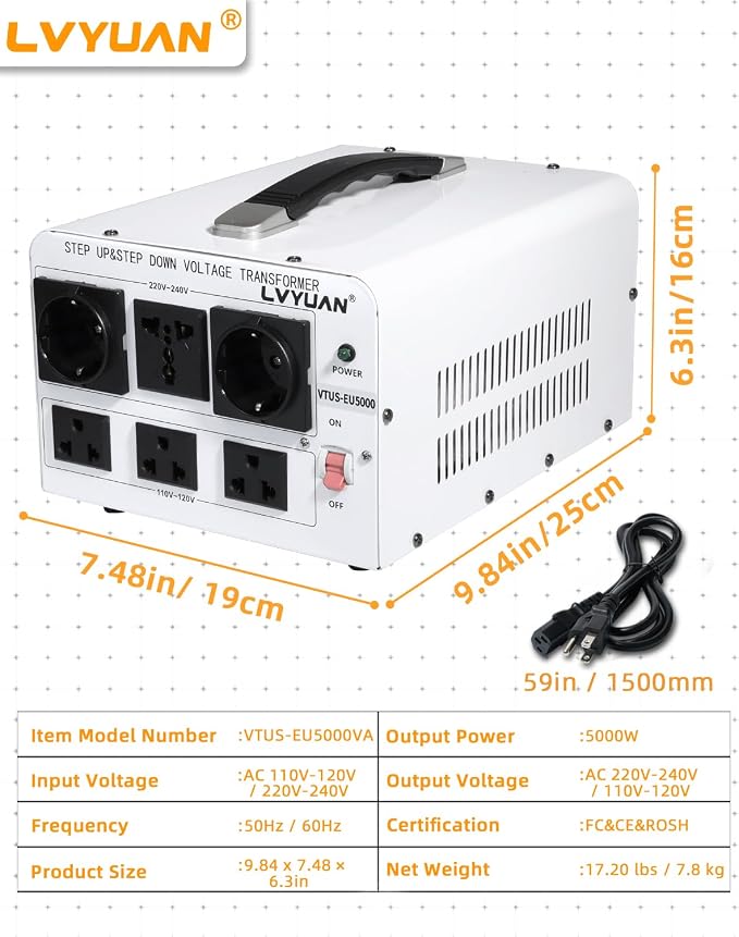 LVYUAN 5000W Voltage Transformer Power Converter Step Up 110V to 220V, Step Down 220V to 110V, 110/120 Volt - 220/240 Volt