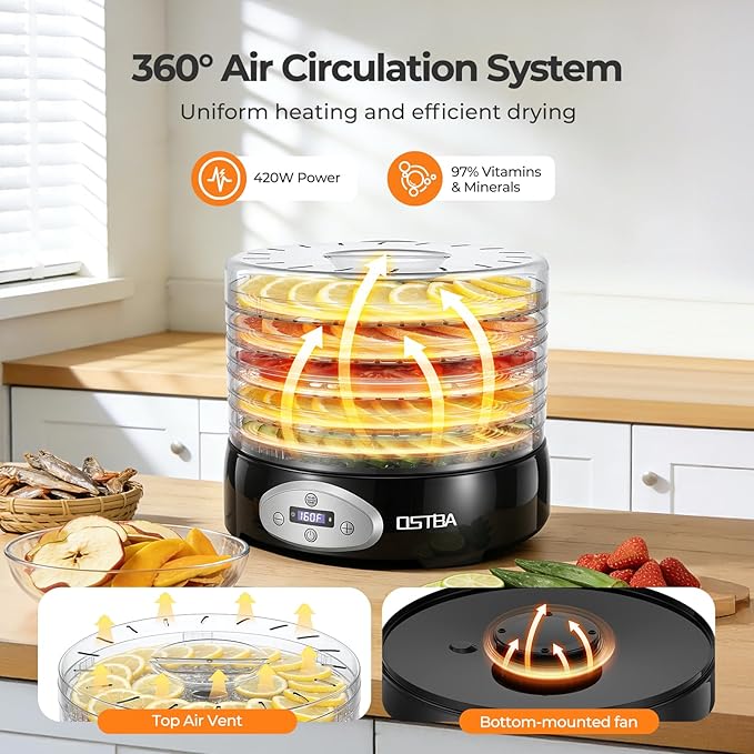 OSTBA Food Dehydrator, 5 BPA-Free 12.2" Trays, Adjustable Temp 95–160℉, 48H Timer, 420W Food Dryer for Fruits, Veggies, Jerky, Herbs, Home Use, BPA-Free