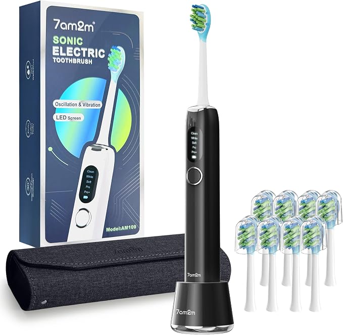 7AM2M Sonic Electric Toothbrush for Adults&Teens with LED Screen, 5 Modes, One Charge for 365 Days, 2 Minute Timer, with 8 Brush Heads and Travel Case (Black)