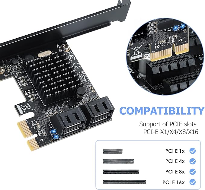PCI-E X1 to SATA 3.0 Controller Card, 4-Port SATA III 6Gbps Expansion Cards, Supports PCI-Express (1X 4X 8X 16X) Slot, Support SSD and HDD, for Windows10/7/8/XP/Vista/linux