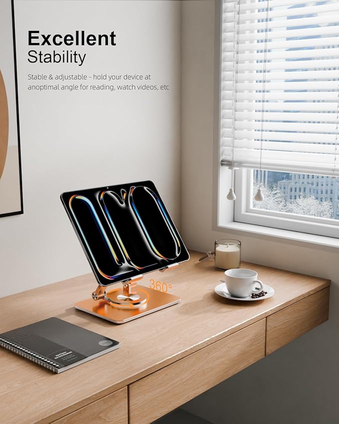 Orlian Tablet Stand Holder with Thickened 360°Rotating Base Dual Rod Adjustable Aluminum Stand for All 5.8-12.9” iPad Samsung Phone Tablet Kindle E-Reader and More, Champagne Gold