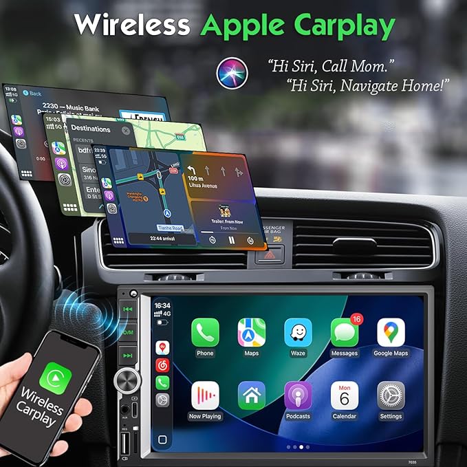 7 Inch Car Stereo with Wireless Apple CarPlay & Android Auto, Wireless AirPlay Mirror Link, Double Din Radio with 1024*600 IPS Toucscreen, AM/FM RDS, Bluetooth, Type-C/USB/TF/AUX, 12-LED Backup Camera