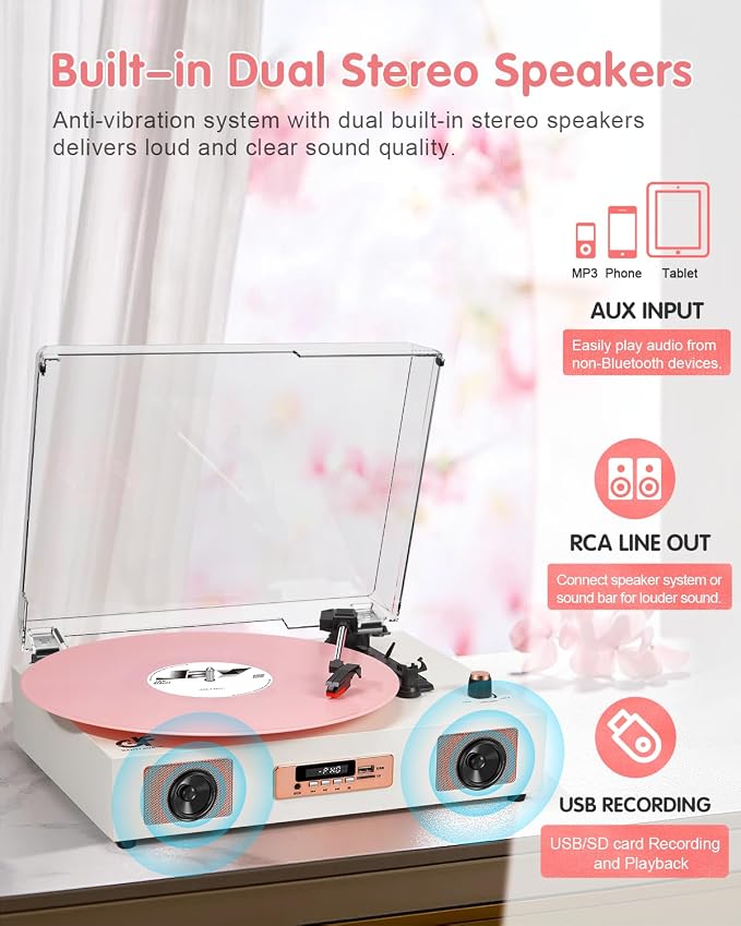 Vinyl Record Player Vintage Wireless Bluetooth Record Player with Stereo Speakers, USB/TF Card Recording, LP Player with 3 Speed Belt Drive Turntable Support RCA Line-Out AUX Input EQ,White& Rose Gold