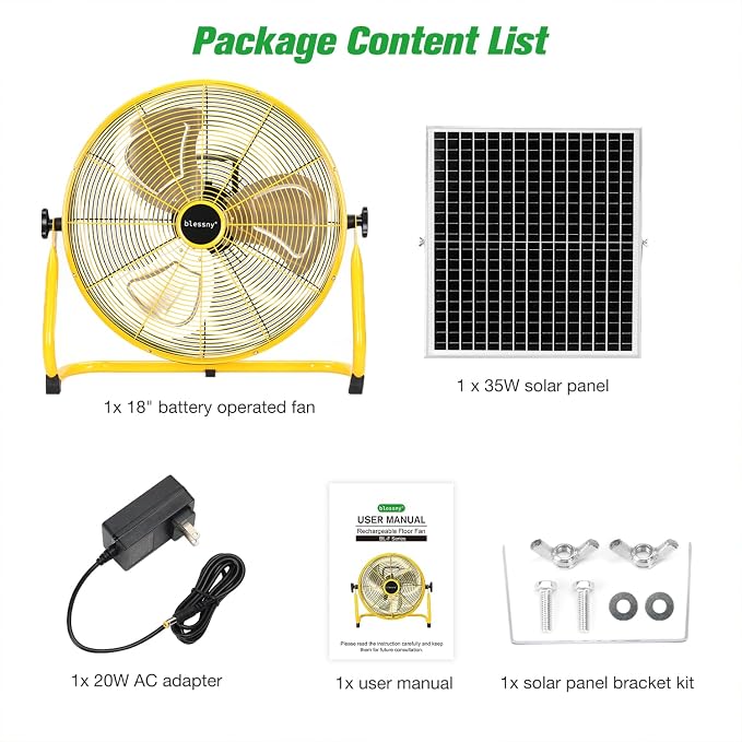 blessny 18" Large Solar Rechargeable Floor Fan with 35W Solar Panel for Home Outdoor Camping Gazebo Greenhouse Barn Poultry Pet House Cooling or Air Circulation, 23 Ft Long Cord