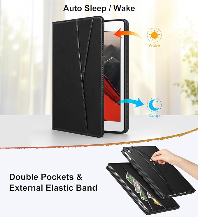 DTTO for iPad 6th / 5th Generation 9.7 Inch (2018/2017), iPad Air 2 / Air 1 Case, 360 Degree Rotating Premium Leather Folio Stand Cover with Pencil Holder, Black