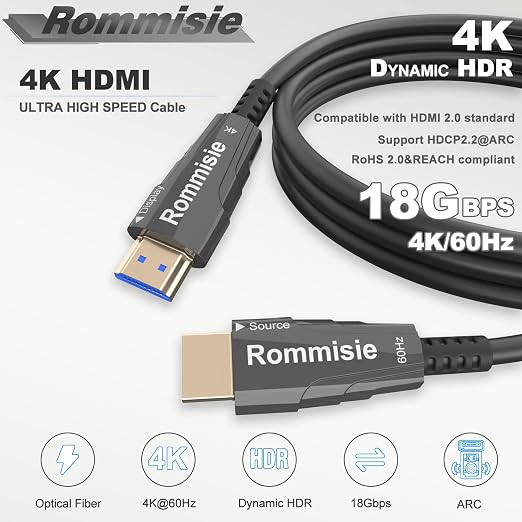 4K HDMI 300FT Cable Fiber Optic, HDMI 2.0,18Gbps 4K@60Hz (4:4:4 HDR10 HDCP2.2 ARC CEC) Ultra HD One-Direction Cord Ethernet Audio Return Compatible with UHD TV Monitor Laptop Xbox PS4/PS5 ect