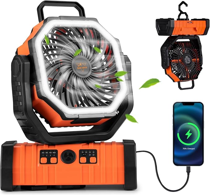 SAN HIMA Battery Powered Camping USB Desk Fan - 20000mAh Rechargeable Battery Operated, with LED Light, 4 Speed Oscillation, 360° Rotation, Hanging Hook, Cordless, for Tent, Outdoor