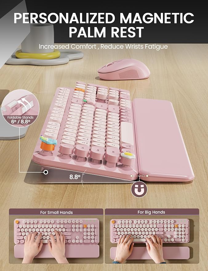 Wireless Keyboard and Mouse Combo, Typewriter Keyboard with Detachable Wrist Rest, Full-Size Retro Round Keycaps, Smart-Sleep, 2.4GHz Stable Connection for Mac/Windows/PC, Trueque(Dusty Rose)