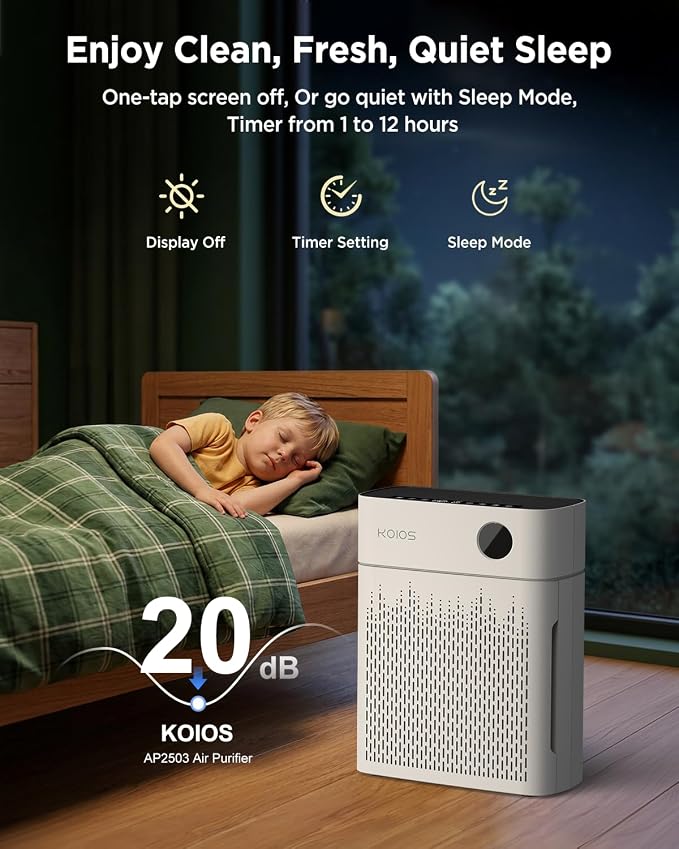 KOIOS Air Purifiers for Home Bedroom Large Room Up to 2500 sq. ft, H13 HEPA Air Purifier with Washable Filter, PM2.5 AQI, 20dB Sleep Mode for Pet, Dander, Dust, Pollen, Smoke, Odors, AP2503, White