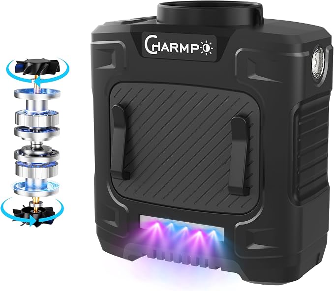 Waist Fan, Dual Motor Belt Fan, 12000mAh Rechargeable Cooler, 75ft/s Airflow, 17000RPM 5-Speed, Up to 24H Runtime, LED SOS & Red-Blue Warning Light for Jobsite, Farming, Camping