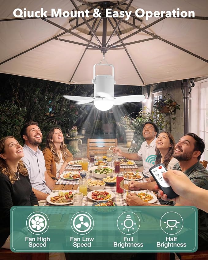 Ceiling Fan Light, Portable Battery Gazebo Fan with Remote Control & Fast Charging Cable, Rechargeable Wireless Camping Fan Outside, for Outoor Tent Porch Canopy Pergola RV Travel
